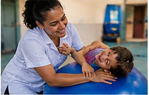 Atendimento de fisioterapia com uma criança